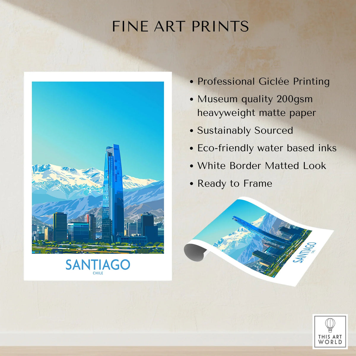 Santiago Wall Art Print - Chile fine art print specifications: giclee printing on 200gsm museum quality matte paper, ready to frame