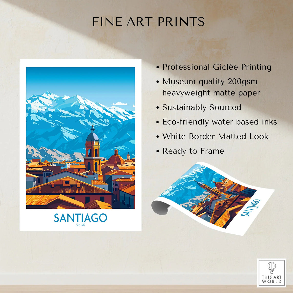 Santiago Wall Art Poster - Chile fine art print specifications: giclee printing on 200gsm museum quality matte paper, ready to frame