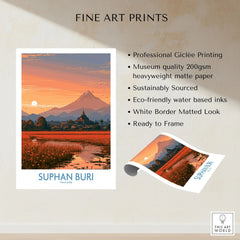 Suphan Buri Thailand Temple Sunset Wall Art — a lotus-covered lake and temple spire at sunset beneath a mountain peak, shown as fine art print unframed quality details