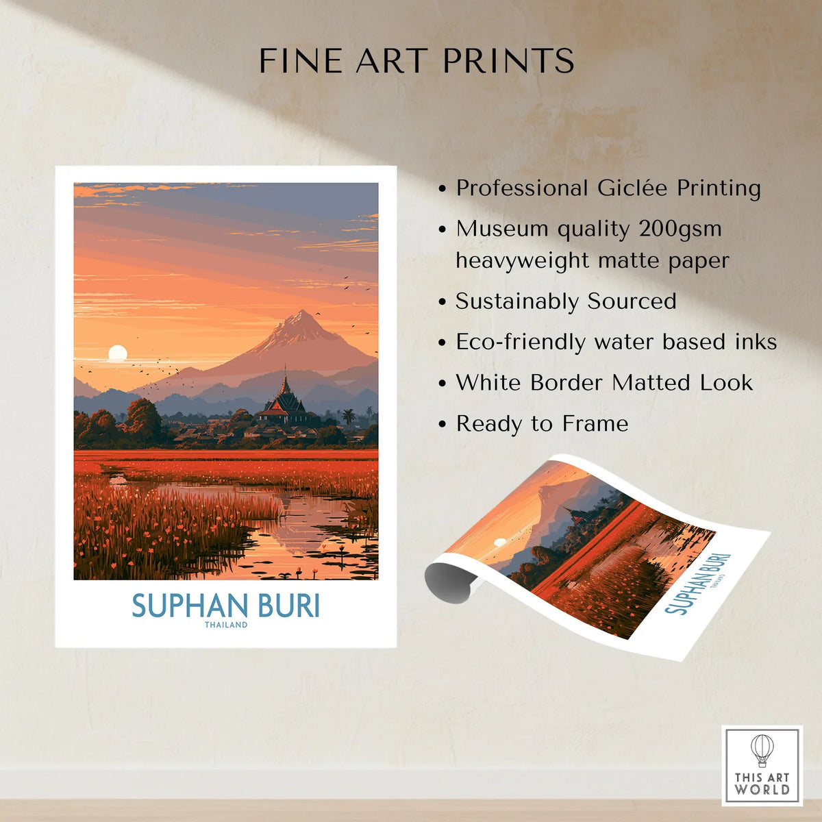 Suphan Buri Thailand Temple Sunset Wall Art — a lotus-covered lake and temple spire at sunset beneath a mountain peak, shown as fine art print unframed quality details