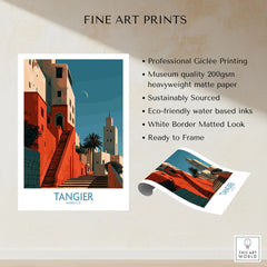Tangier Morocco Crescent Moon Wall Art — coral kasbah steps climbing towards a minaret under a crescent moon, shown as fine art print unframed quality details