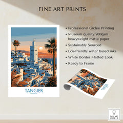 Tangier Morocco Sailboats and Rooftops Wall Art — Tangier medina rooftops and a minaret above a bay dotted with sails, shown as fine art print unframed quality details