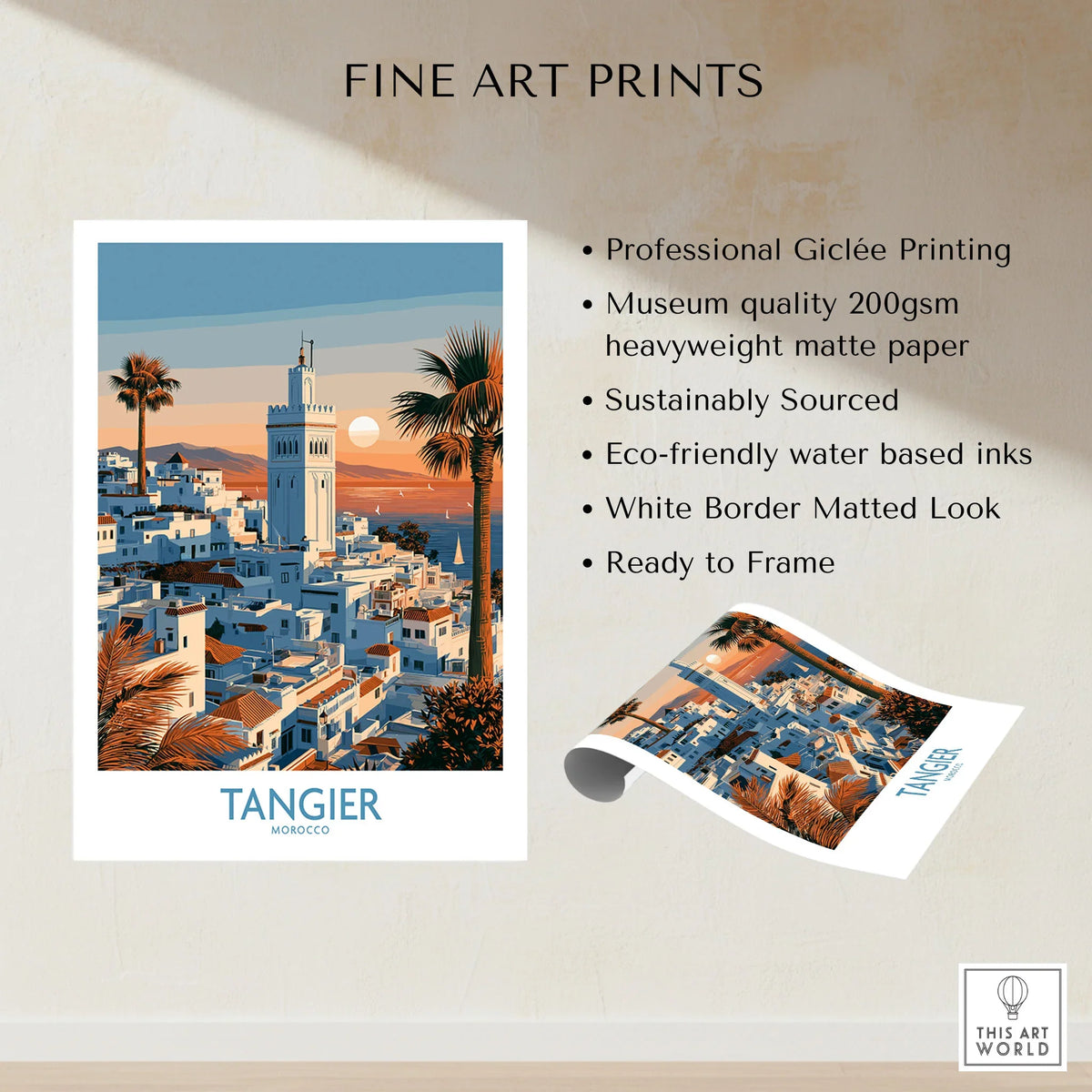 Tangier Morocco Sailboats and Rooftops Wall Art — Tangier medina rooftops and a minaret above a bay dotted with sails, shown as fine art print unframed quality details