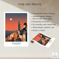 Tangier Morocco Coastal Sunset Wall Art — a whitewashed hillside town and minaret glowing above the sea at sunset, shown as fine art print unframed quality details
