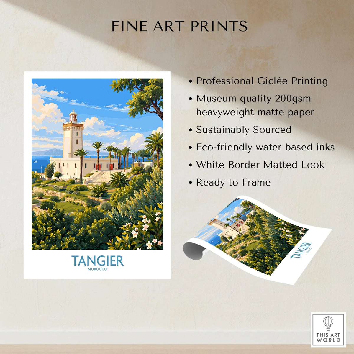 Tangier Morocco Lighthouse Gardens Wall Art — the Cap Spartel lighthouse above palm gardens and the blue strait, shown as fine art print unframed quality details