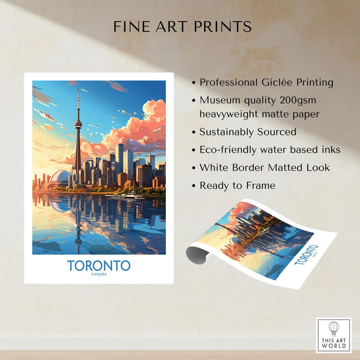 Toronto Wall Art Print fine art print specifications: giclee printing on 200gsm museum quality matte paper, ready to frame