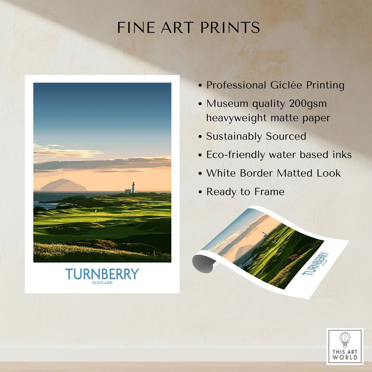 Turnberry Scotland Ayrshire Dusk Wall Art — Ailsa Craig and the white lighthouse across rolling coastal turf at dusk, shown as fine art print unframed quality details