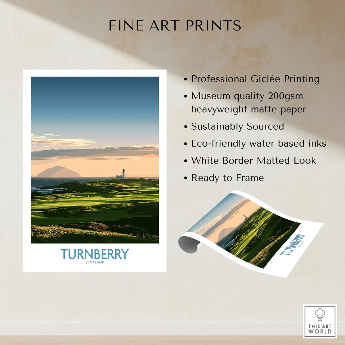 Turnberry Scotland Ayrshire Dusk Wall Art — Ailsa Craig and the white lighthouse across rolling coastal turf at dusk, shown as fine art print unframed quality details