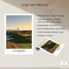 Turnberry Scotland Rocky Shore Wall Art — the Turnberry lighthouse above a rocky shore with the Arran hills beyond, shown as fine art print unframed quality details