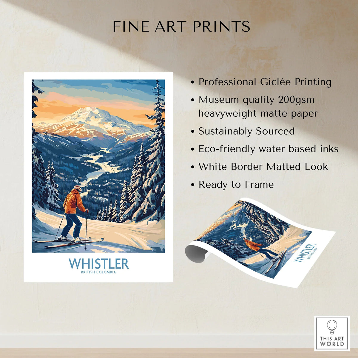 Whistler Ski Print - British Columbia fine art print specifications: giclee printing on 200gsm museum quality matte paper, ready to frame