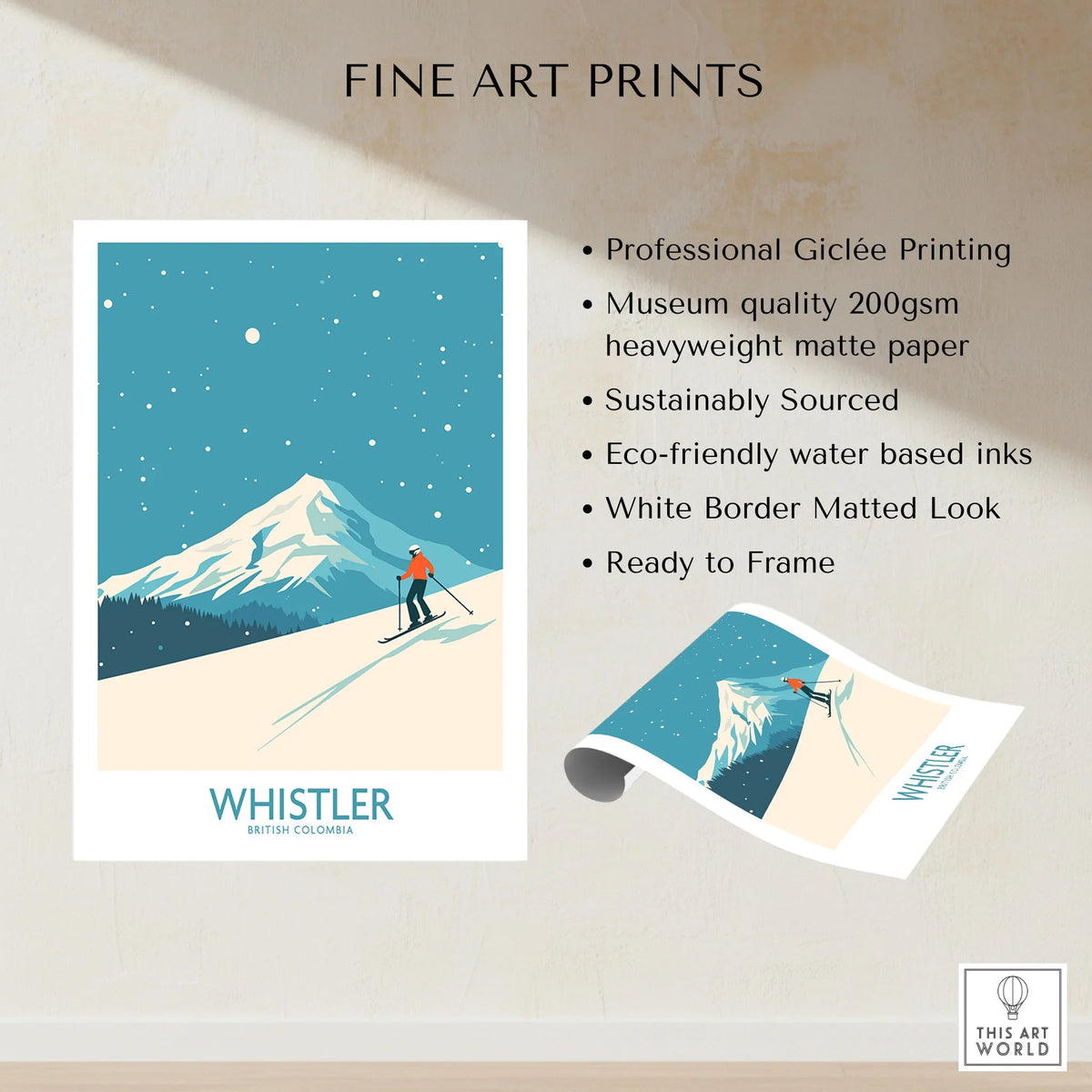 Whistler Wall Art Print -  British Columbia fine art print specifications: giclee printing on 200gsm museum quality matte paper, ready to frame