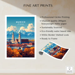 Munich Travel Print fine art print specifications: giclee printing on 200gsm museum quality matte paper, ready to frame