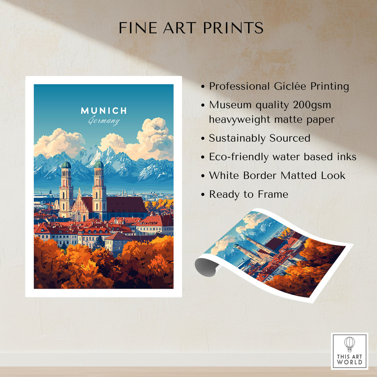 Munich Travel Print fine art print specifications: giclee printing on 200gsm museum quality matte paper, ready to frame