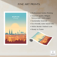 Munich Wall Art fine art print specifications: giclee printing on 200gsm museum quality matte paper, ready to frame