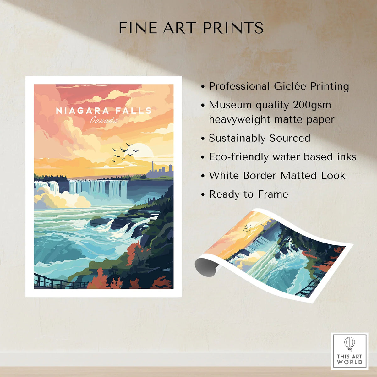 Niagara Falls Print fine art print specifications: giclee printing on 200gsm museum quality matte paper, ready to frame