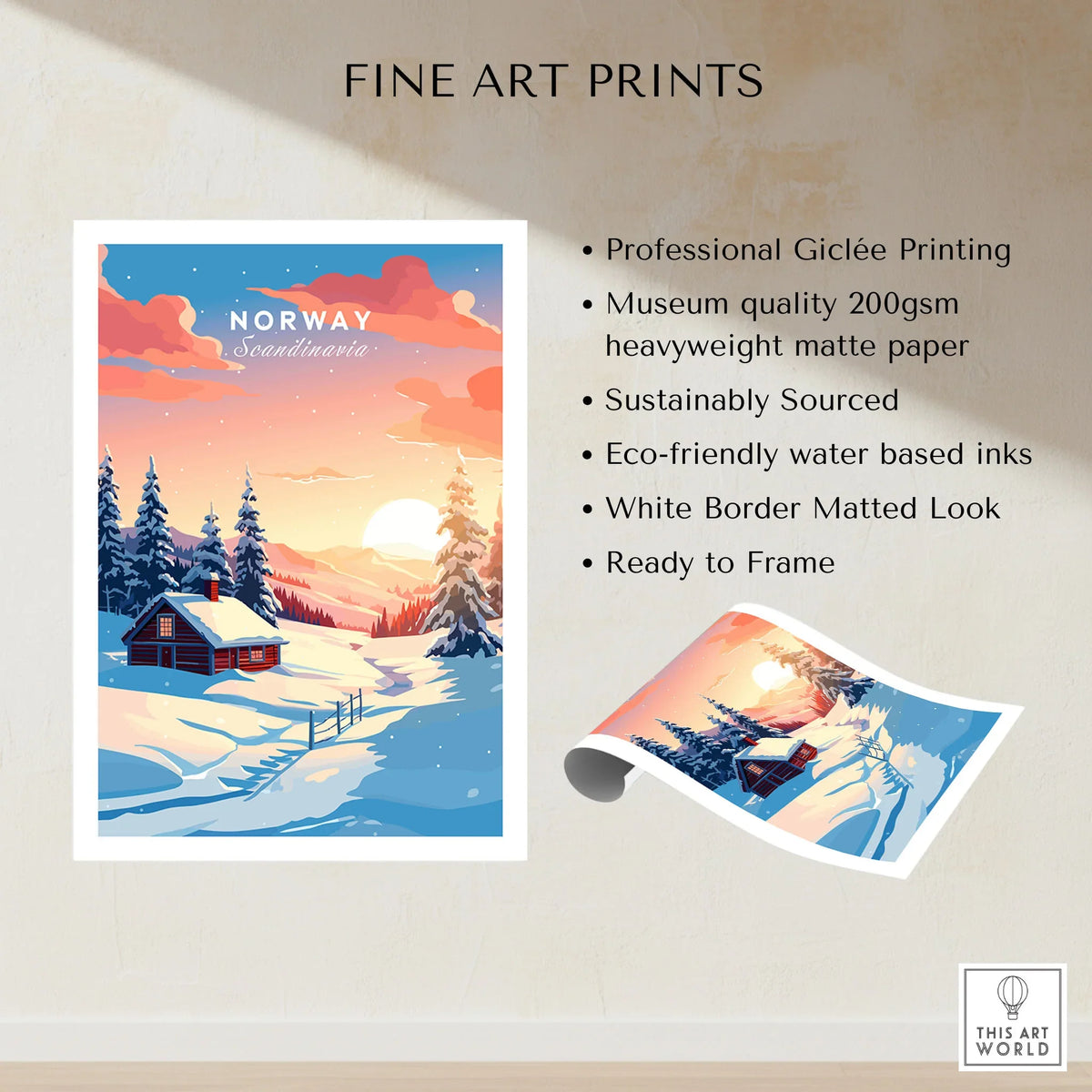 Norway Art Print fine art print specifications: giclee printing on 200gsm museum quality matte paper, ready to frame