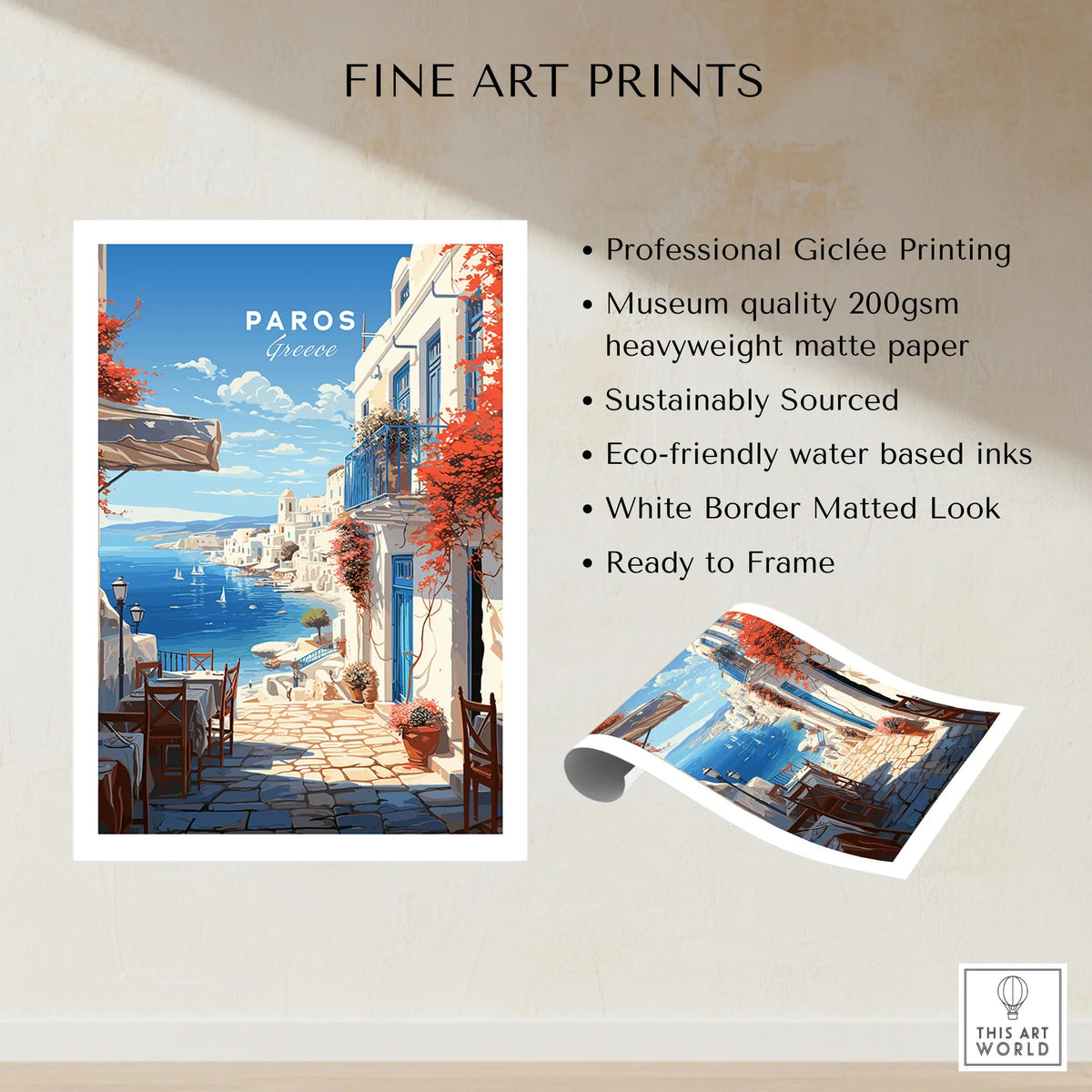 Paros Travel Poster fine art print specifications: giclee printing on 200gsm museum quality matte paper, ready to frame