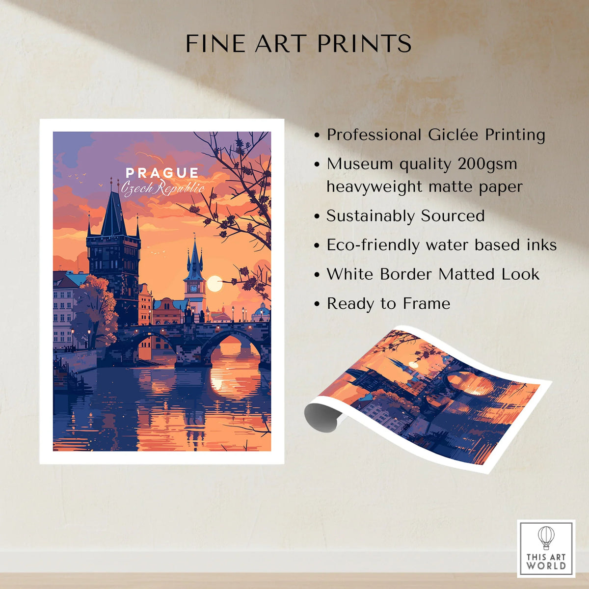 Prague Poster fine art print specifications: giclee printing on 200gsm museum quality matte paper, ready to frame