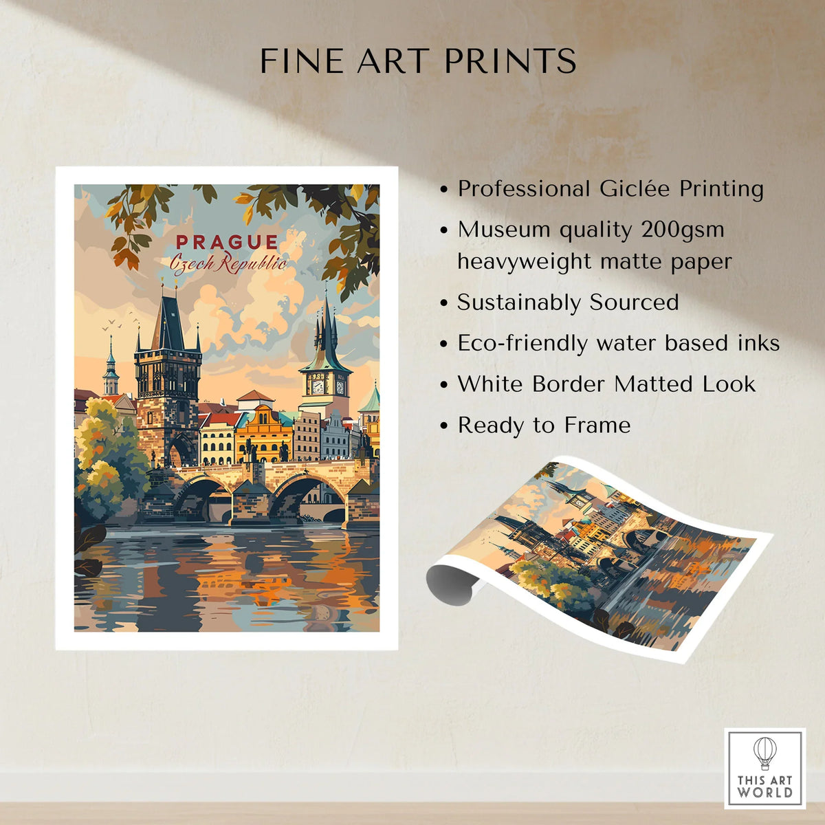 Prague Wall Art fine art print specifications: giclee printing on 200gsm museum quality matte paper, ready to frame