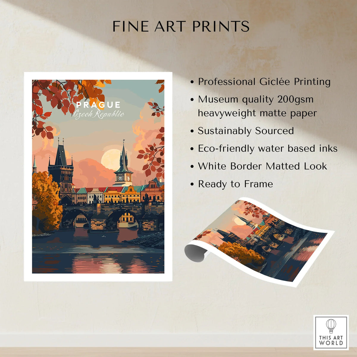 Prague Art Print fine art print specifications: giclee printing on 200gsm museum quality matte paper, ready to frame