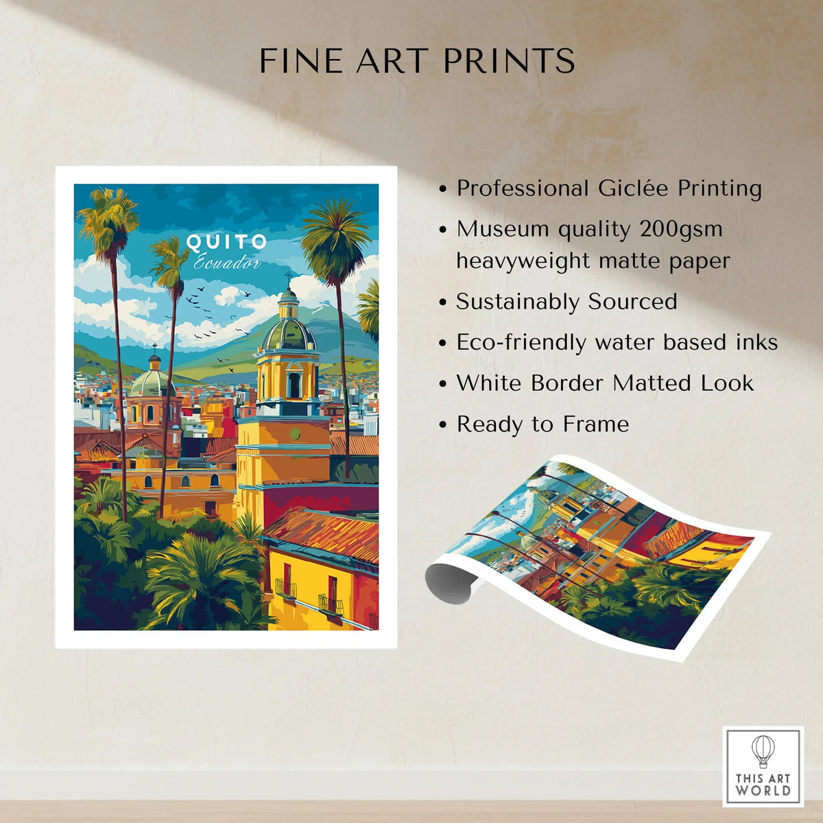 Quito Ecuador Travel Poster Cityscape Print Churches Palm Trees Andes Wall Art Decor fine art print specifications: giclee printing on 200gsm museum quality matte paper, ready to frame