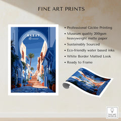 Rabat Morocco Blue Medina Travel Poster — a blue-washed medina lane and stone steps seen through a horseshoe arch, shown as fine art print unframed quality details