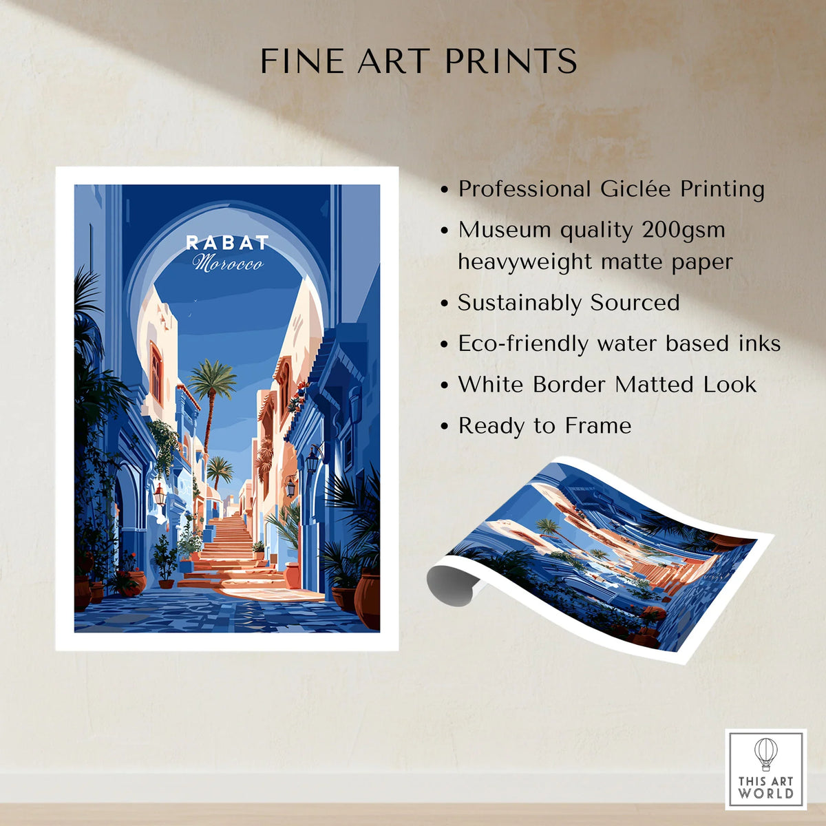 Rabat Morocco Blue Medina Travel Poster — a blue-washed medina lane and stone steps seen through a horseshoe arch, shown as fine art print unframed quality details