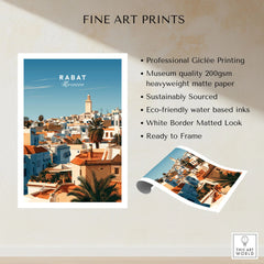 Rabat Morocco Medina Rooftops Travel Poster — medina rooftops and a pale minaret in late afternoon sun, shown as fine art print unframed quality details