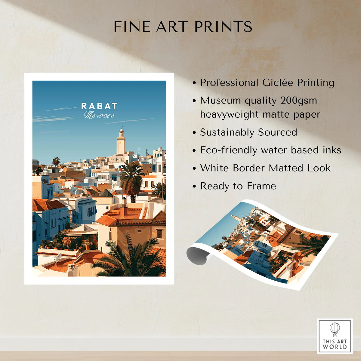 Rabat Morocco Medina Rooftops Travel Poster — medina rooftops and a pale minaret in late afternoon sun, shown as fine art print unframed quality details