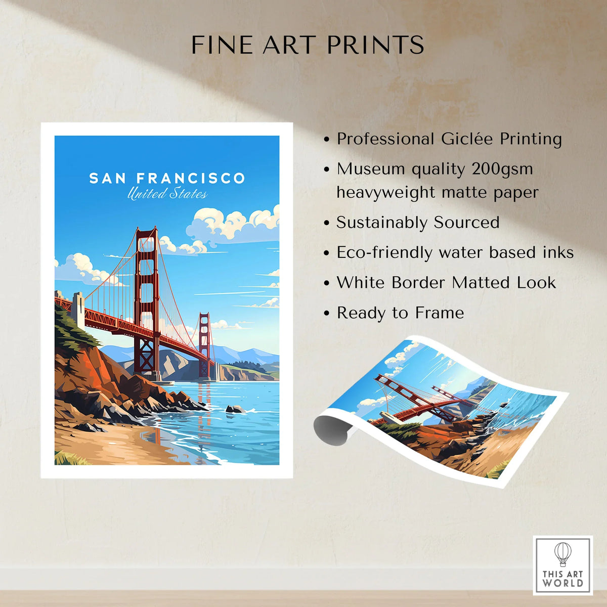San Francisco Print fine art print specifications: giclee printing on 200gsm museum quality matte paper, ready to frame