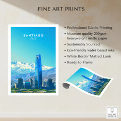 Santiago Travel Poster - Chile fine art print specifications: giclee printing on 200gsm museum quality matte paper, ready to frame