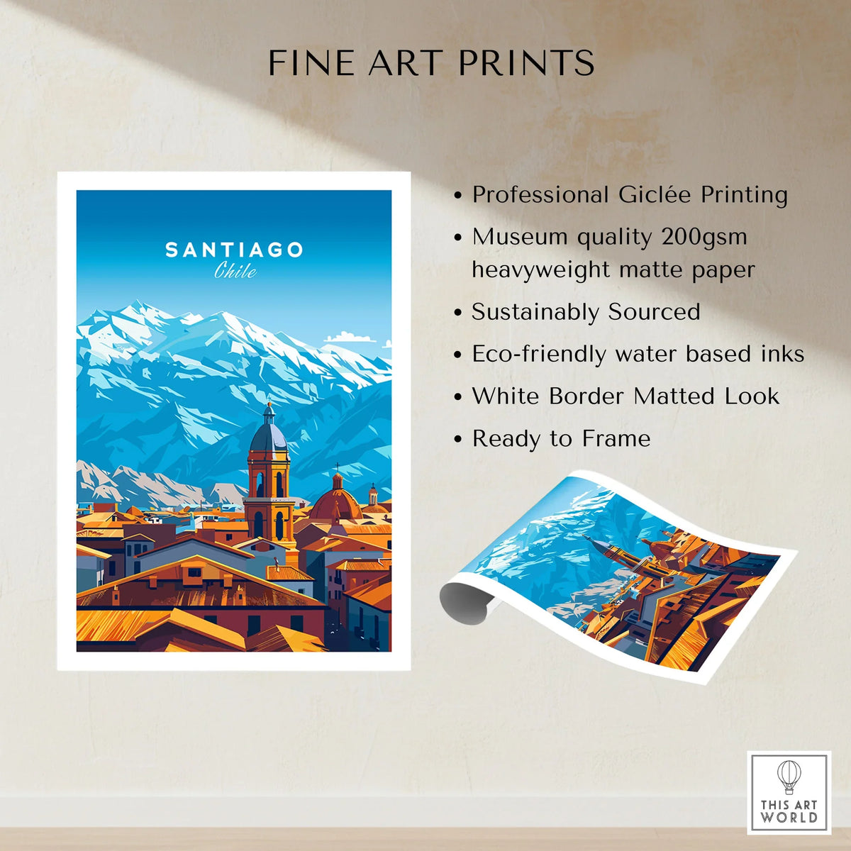 Santiago Travel Print - Chile Poster fine art print specifications: giclee printing on 200gsm museum quality matte paper, ready to frame