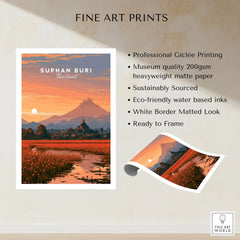 Suphan Buri Thailand Lotus Lake Travel Poster — a lotus-covered lake and temple spire at sunset beneath a mountain peak, shown as fine art print unframed quality details