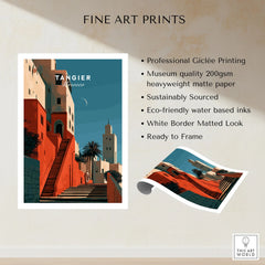 Tangier Morocco Kasbah Steps Travel Poster — coral kasbah steps climbing towards a minaret under a crescent moon, shown as fine art print unframed quality details