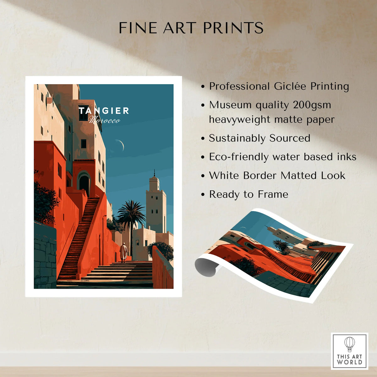 Tangier Morocco Kasbah Steps Travel Poster — coral kasbah steps climbing towards a minaret under a crescent moon, shown as fine art print unframed quality details