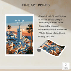 Tangier Morocco Sunset Medina Travel Poster — Tangier medina rooftops and a minaret above a bay dotted with sails, shown as fine art print unframed quality details