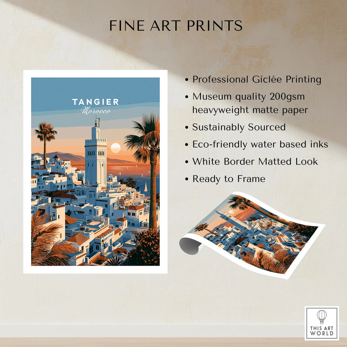 Tangier Morocco Sunset Medina Travel Poster — Tangier medina rooftops and a minaret above a bay dotted with sails, shown as fine art print unframed quality details