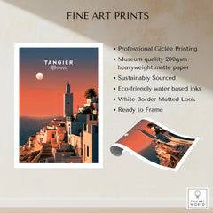 Tangier Morocco Golden Hour Travel Poster — a whitewashed hillside town and minaret glowing above the sea at sunset, shown as fine art print unframed quality details