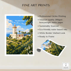 Tangier Morocco Cap Spartel Lighthouse Travel Poster — the Cap Spartel lighthouse above palm gardens and the blue strait, shown as fine art print unframed quality details