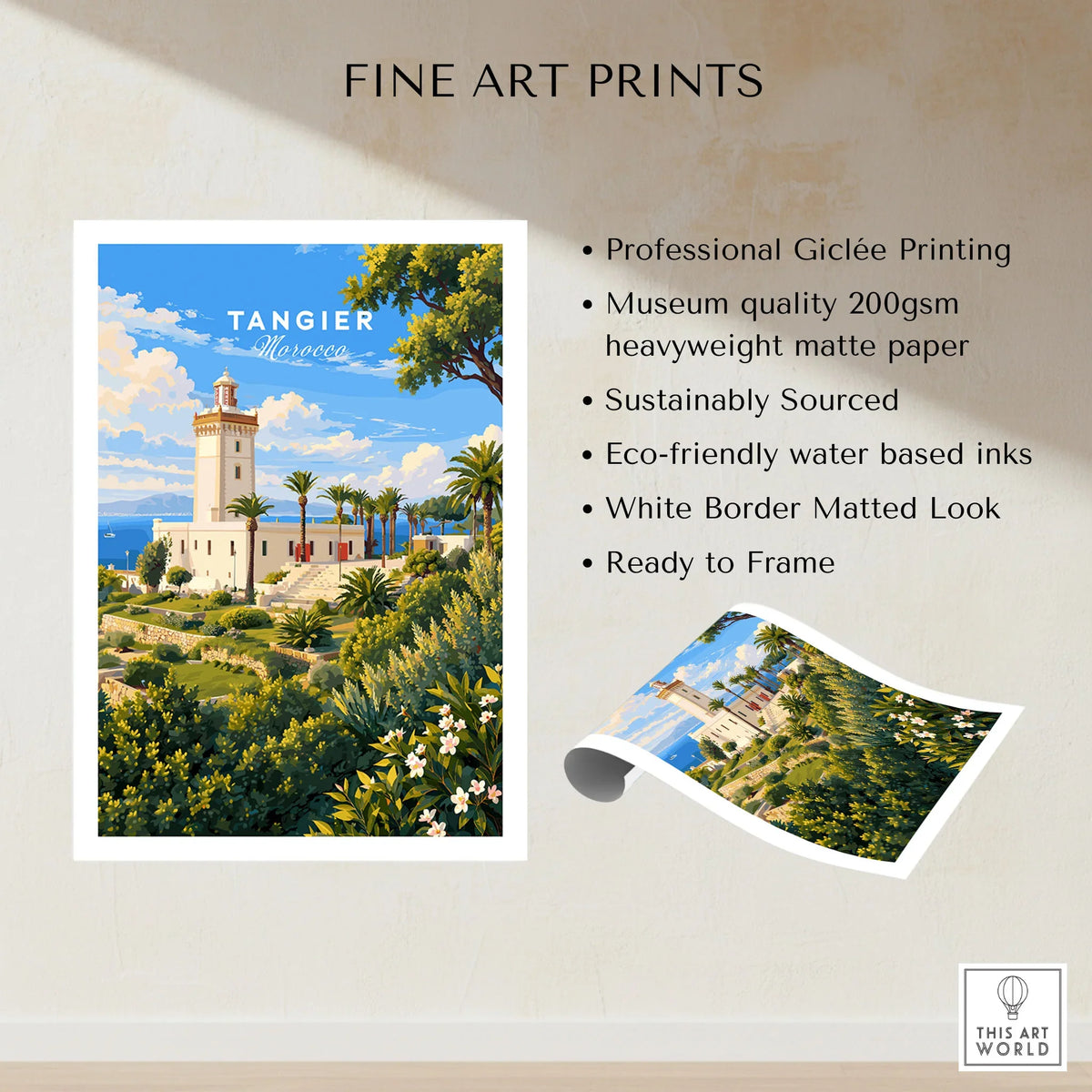 Tangier Morocco Cap Spartel Lighthouse Travel Poster — the Cap Spartel lighthouse above palm gardens and the blue strait, shown as fine art print unframed quality details