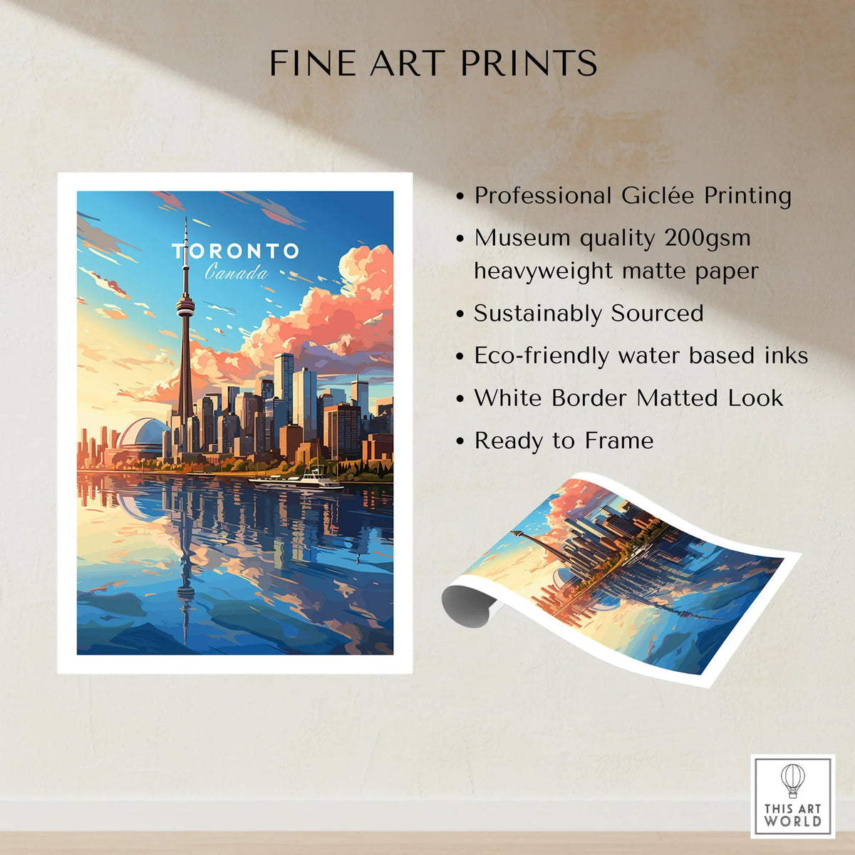 Toronto Poster fine art print specifications: giclee printing on 200gsm museum quality matte paper, ready to frame