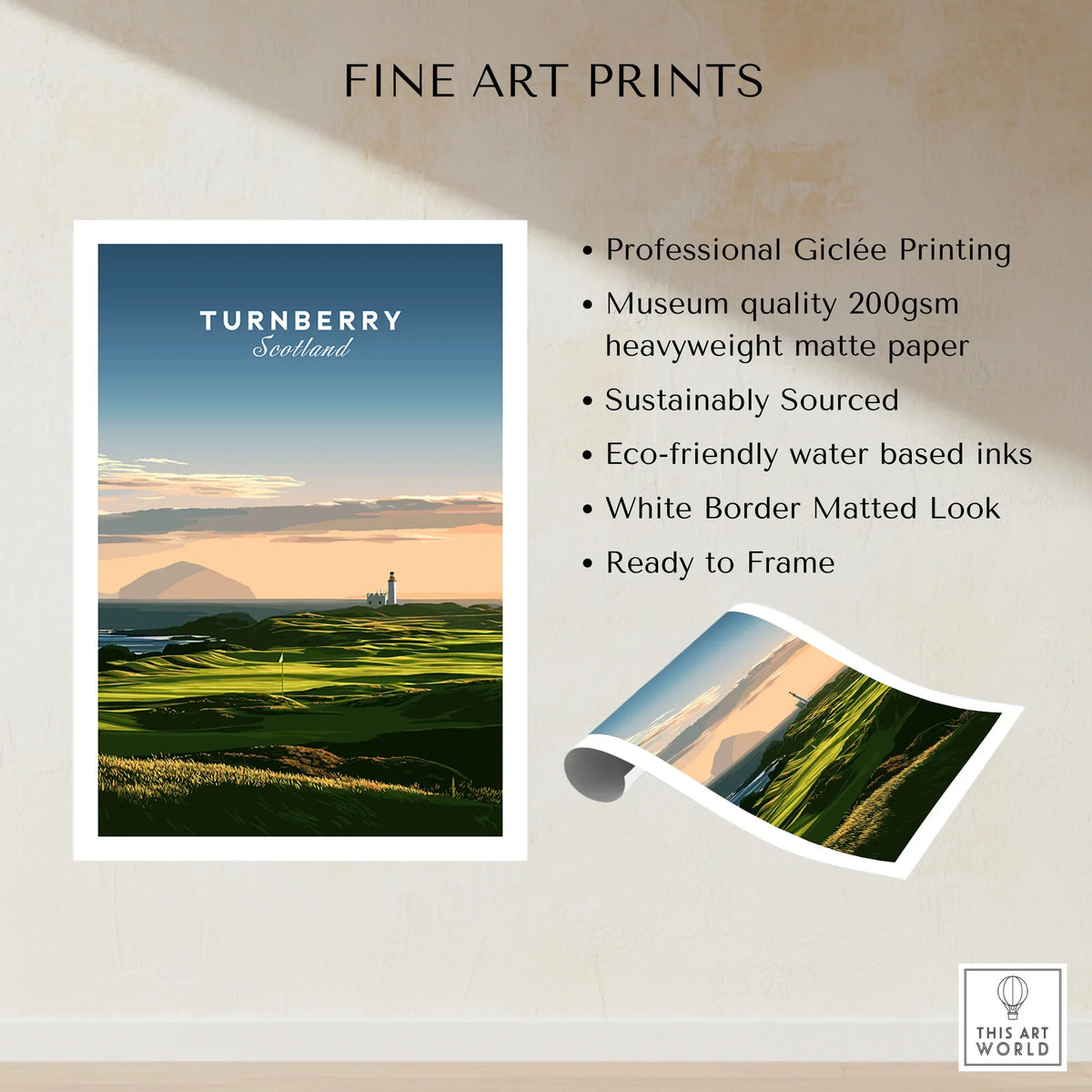 Turnberry Scotland Ailsa Craig Travel Poster — Ailsa Craig and the white lighthouse across rolling coastal turf at dusk, shown as fine art print unframed quality details