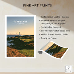 Turnberry Scotland Lighthouse Travel Poster — the Turnberry lighthouse above a rocky shore with the Arran hills beyond, shown as fine art print unframed quality details