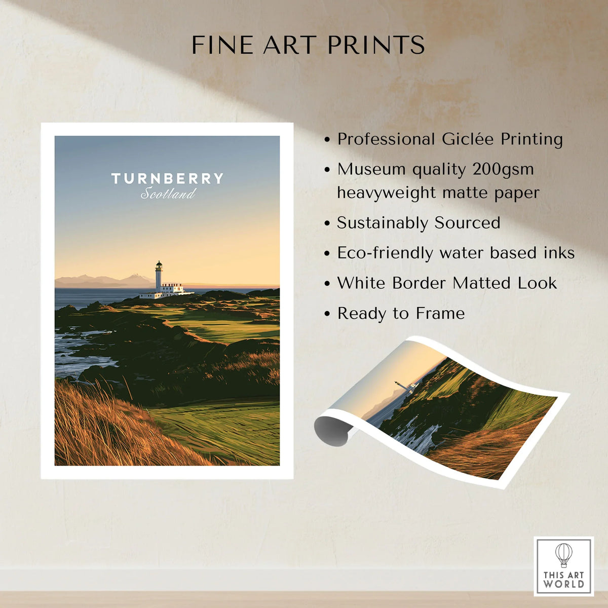Turnberry Scotland Lighthouse Travel Poster — the Turnberry lighthouse above a rocky shore with the Arran hills beyond, shown as fine art print unframed quality details
