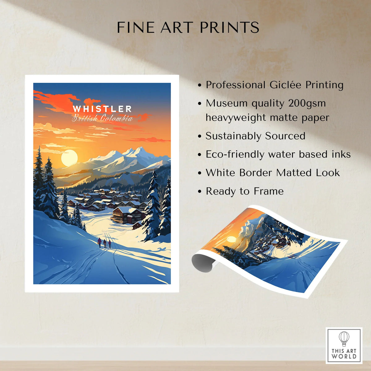 Whistler Wall Art Ski Print fine art print specifications: giclee printing on 200gsm museum quality matte paper, ready to frame