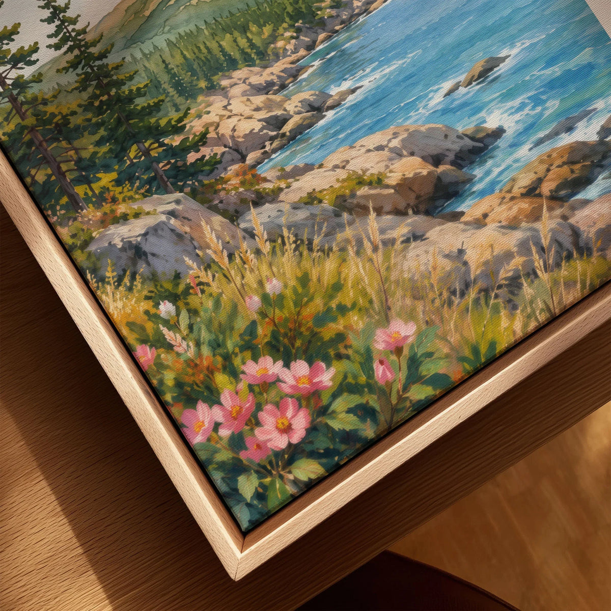 Acadia National Park rocky coastline and pines watercolour art print framed canvas with float frame, close-up