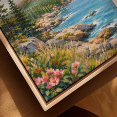 Acadia National Park rocky coastline and pines watercolour art print framed canvas with float frame, close-up