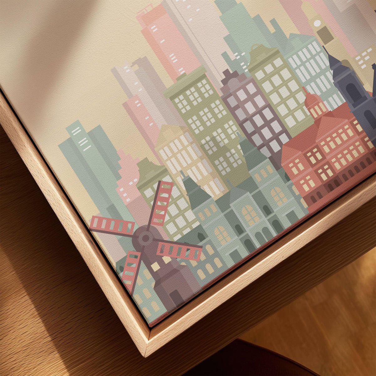 Amsterdam city skyline art print, framed canvas with float frame, close-up
