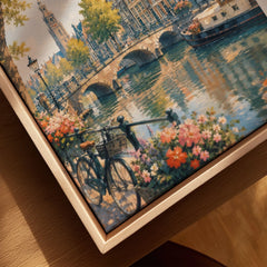 Amsterdam canal houses and bridge watercolour art print framed canvas with float frame, close-up