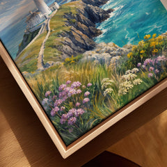 Anglesey clifftop lighthouse watercolour art print framed canvas with float frame, close-up